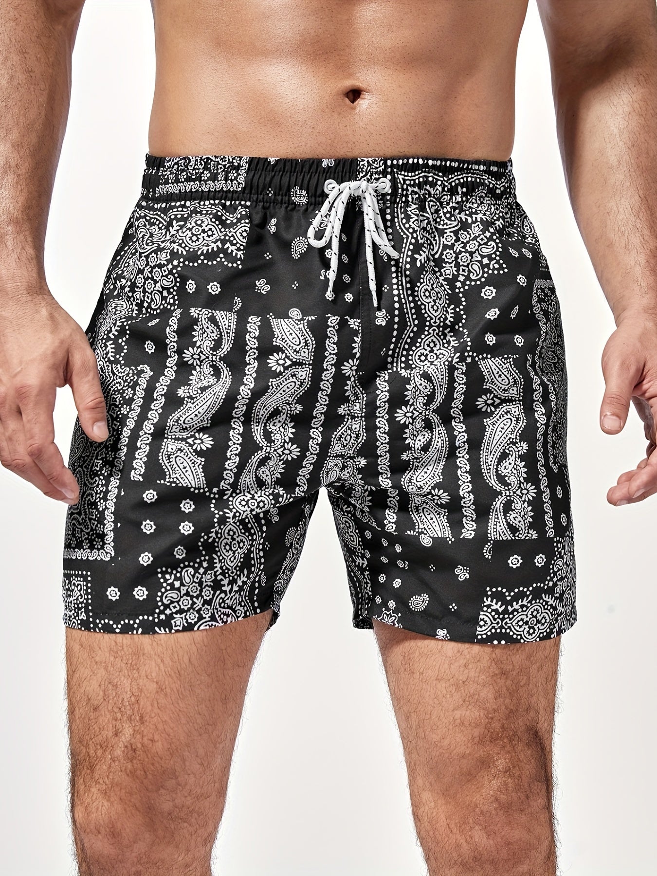 Men's Quick Dry Hawaiian Board Shorts With Pockets, Casual Coconut Tree Graphic Drawstring Swim Trunks For Summer Vacation Beach Pool Outdoor