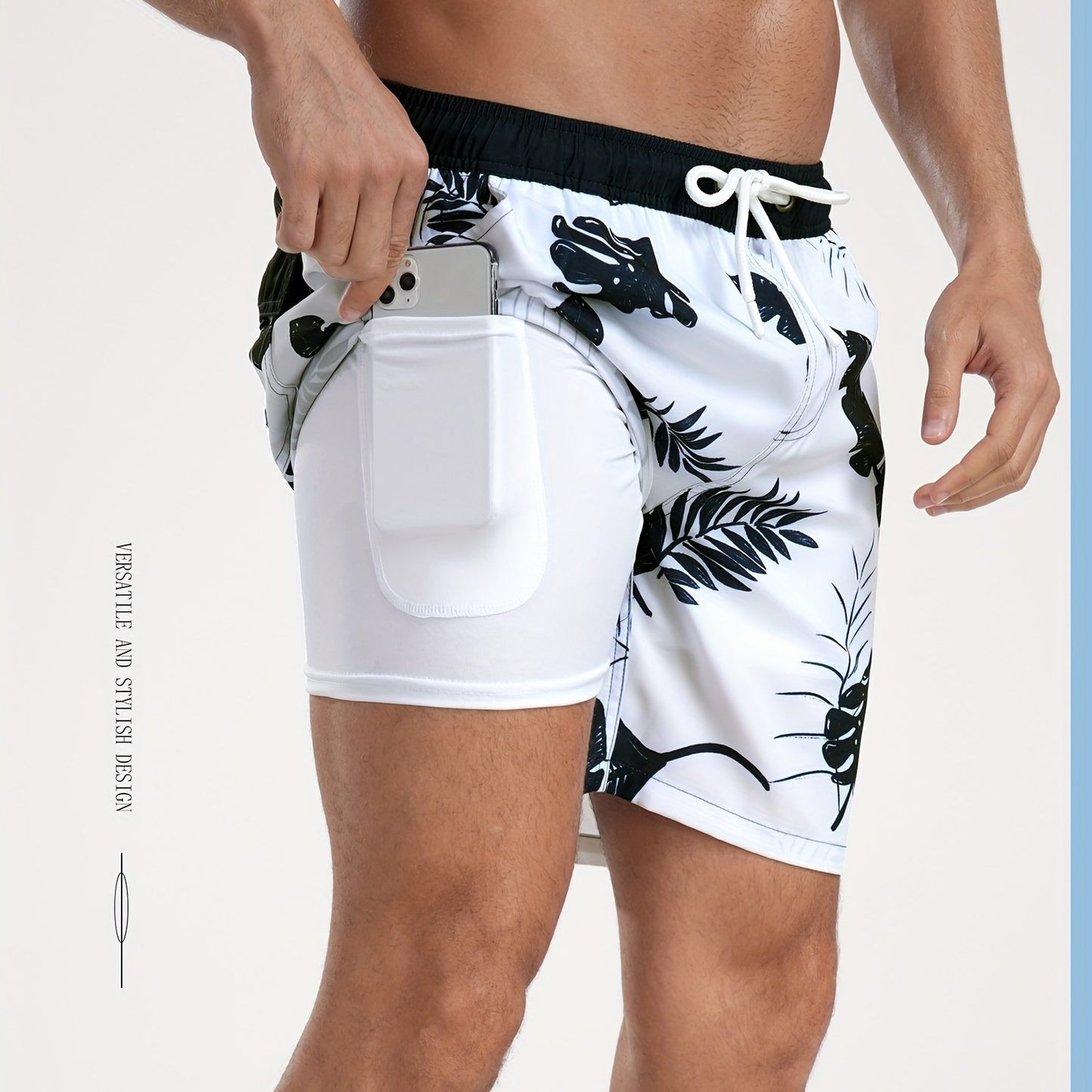 Men's Quick-Dry Beach Shorts with Tropical Palm Tree & Palm Leaf Print - Breathable Stretch Fabric for Summer, Outdoor, Hiking, Swimming - Machine Washable Casual Athletic Shorts, Outdoor Activewear, Summer Shorts