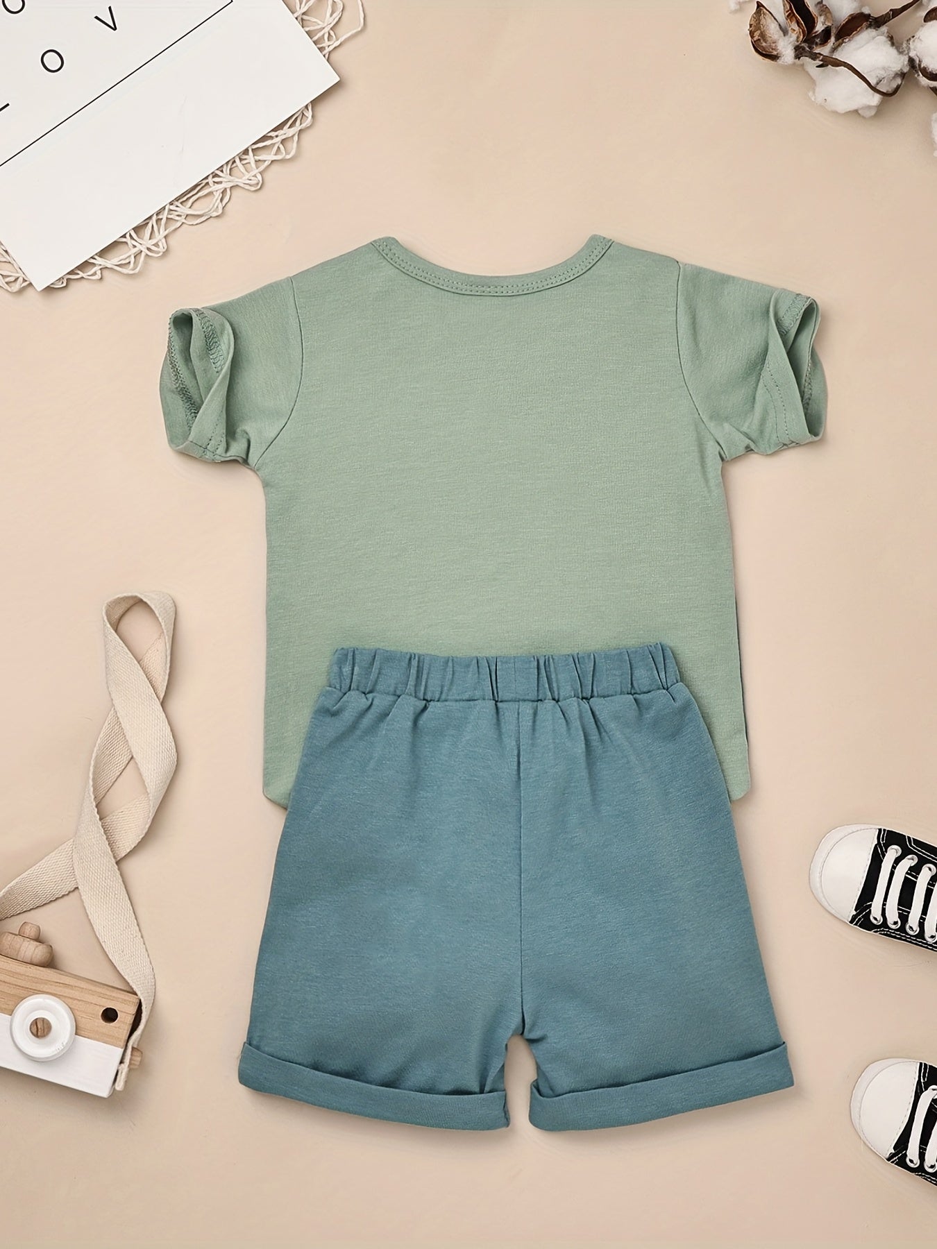2pcs Baby Boys Summer Outfit Set - Cotton & Polyester Crew Neck T-Shirt with Stripes & Patch Detail, Short Sleeve, Drop Shoulder, Knit Fabric, with Matching Shorts with Belt & Fake Drawstring - Regular Fit, for Outdoor
