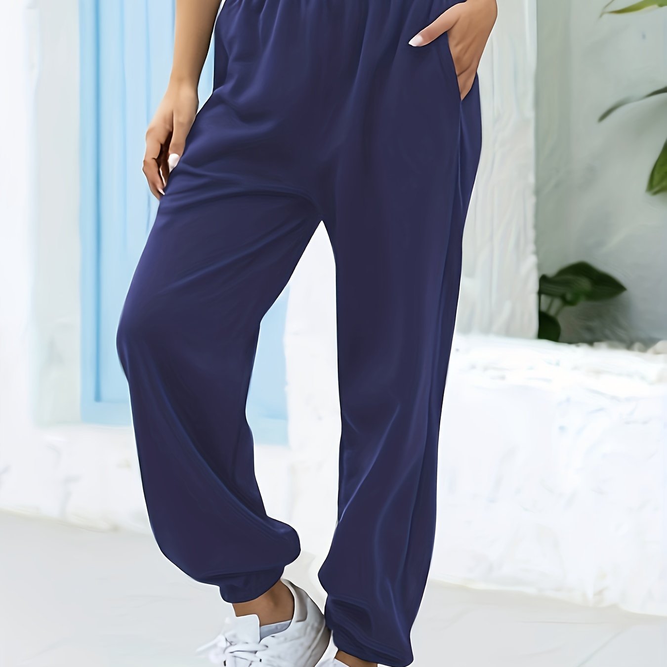 Women's High-Waisted Wide-Leg Cropped Pants - Casual Navy Blue Polyester, Elastic Waistband with Pockets, Perfect for Fall & Winter, Plus Size Pants