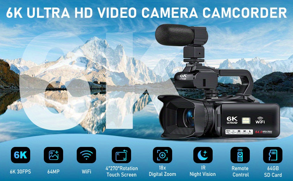 YISENCE 6K Camcorder Video Camera 64MP 18X Digital Zoom IR Night Vision Vlogging Camera for YouTube 10.16cm Touch Screen Digital Camera with WiFi, Microphone, Remote Control, Charger, Stabilizer and 64G SD Card