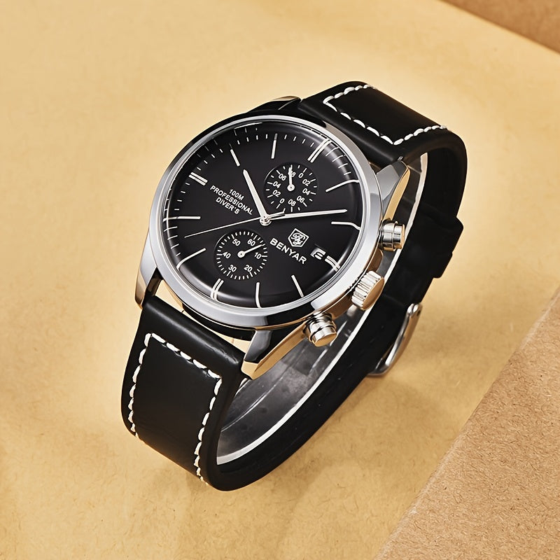 1pc New BENYAR Men's PU Leather Quartz Wristwatch, Men's 100M Multifunctional Watch Military Sports Chronograph Watch For Men