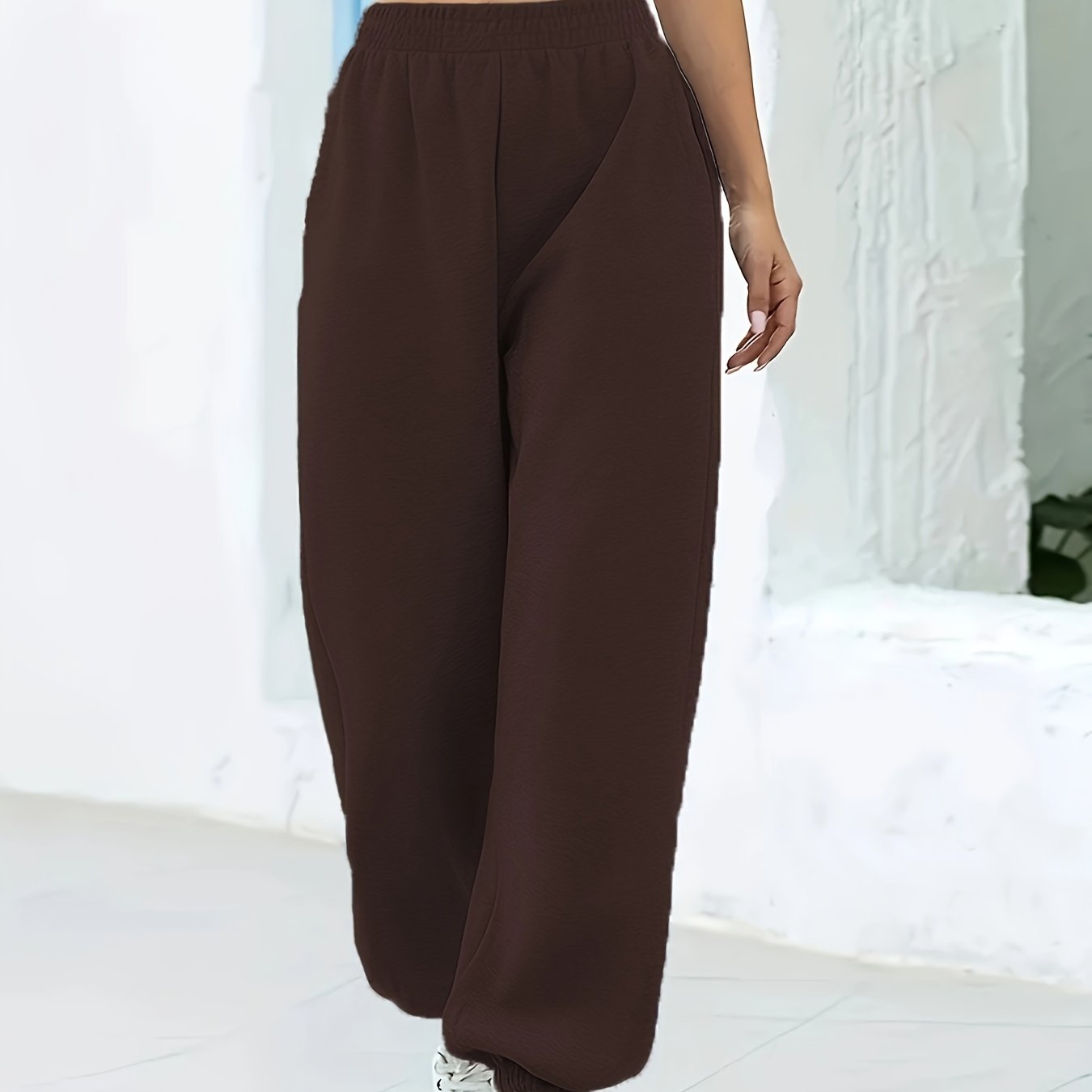 Women's High-Waisted Wide-Leg Cropped Pants - Casual Navy Blue Polyester, Elastic Waistband with Pockets, Perfect for Fall & Winter, Plus Size Pants