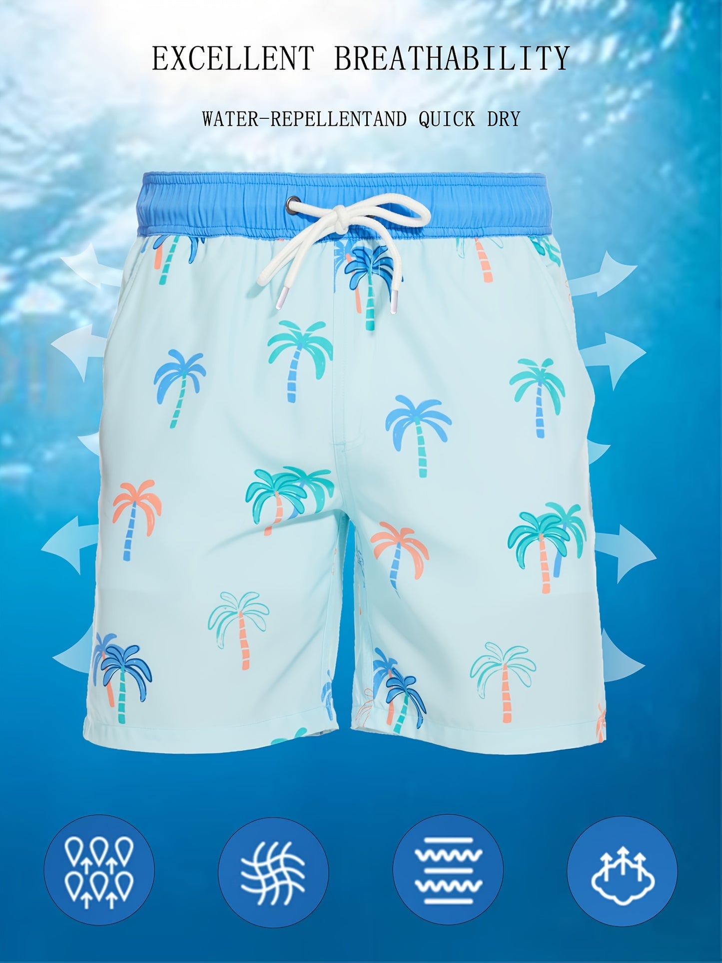 Men's Quick-Dry Beach Shorts with Tropical Palm Tree & Palm Leaf Print - Breathable Stretch Fabric for Summer, Outdoor, Hiking, Swimming - Machine Washable Casual Athletic Shorts, Outdoor Activewear, Summer Shorts