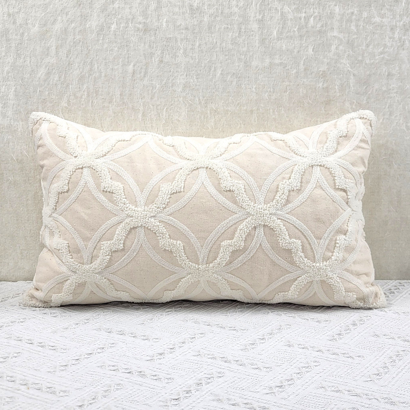 1pc Geometric Pattern Towel Embroidery Cushion Cover, Beige Base Fabric with White Embroidery