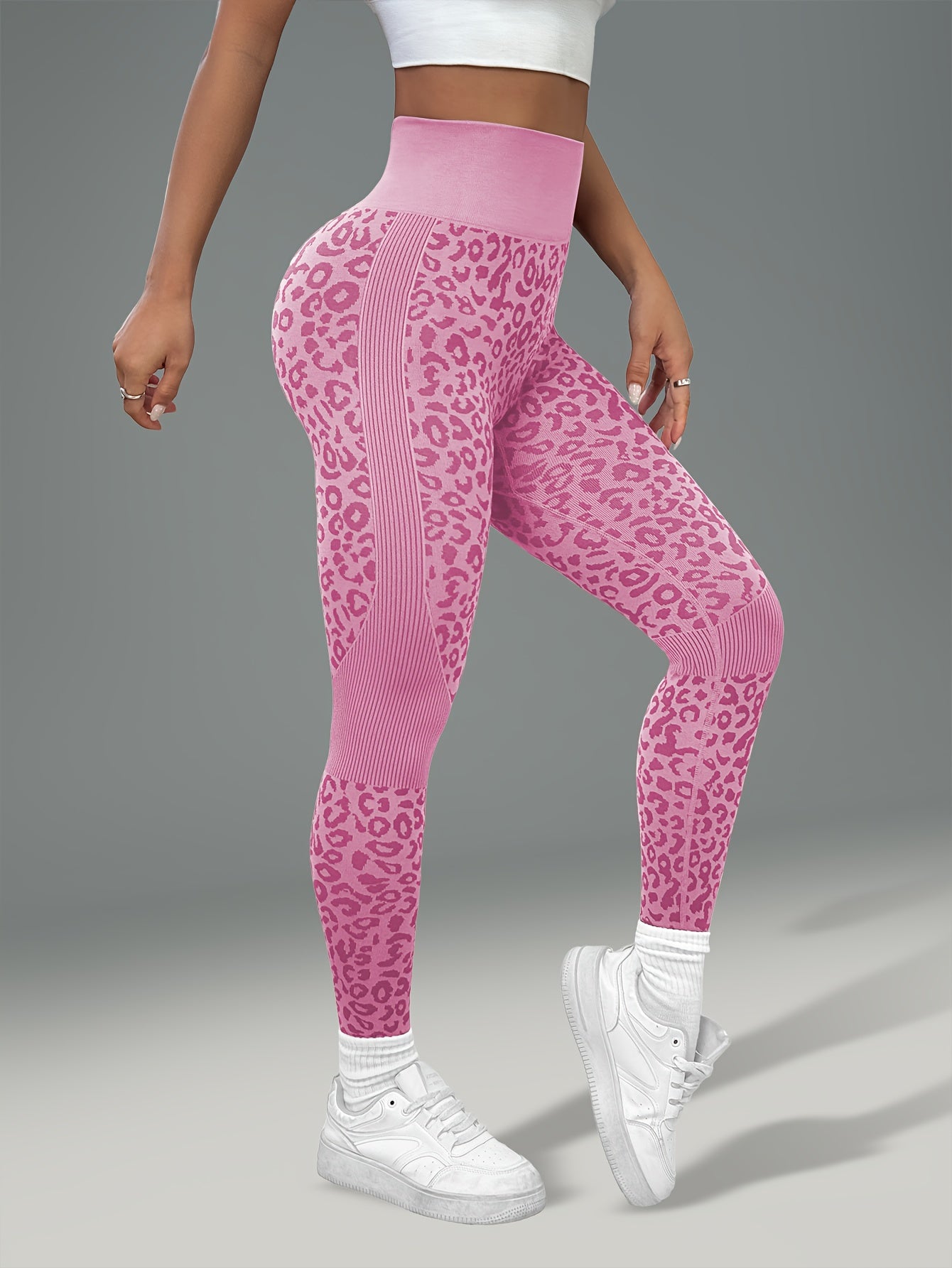 Women'S Leopard Print Yoga Pants - Non-Slip Workout Leggings with Elastic Waistband, Stretchy & Breathable Gym Pants for Yoga, Running, Casual Attire - All-Season Fitness Leggings in Pink & Leopard Print - Non-Slip Grip Activ