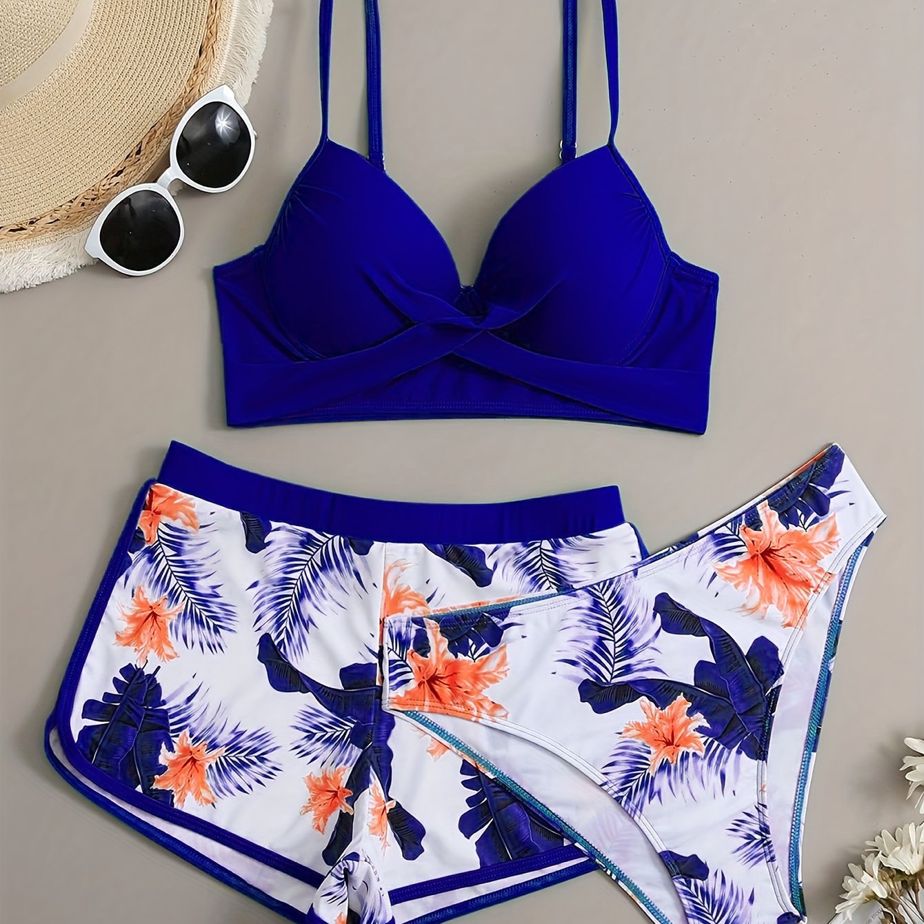 Floral Leaf Print Stretchy 3 Piece Set Swimsuits, Cross Spaghetti Strap Push Up Bikini & Boxer Shorts, Women's Swimwear & Clothing