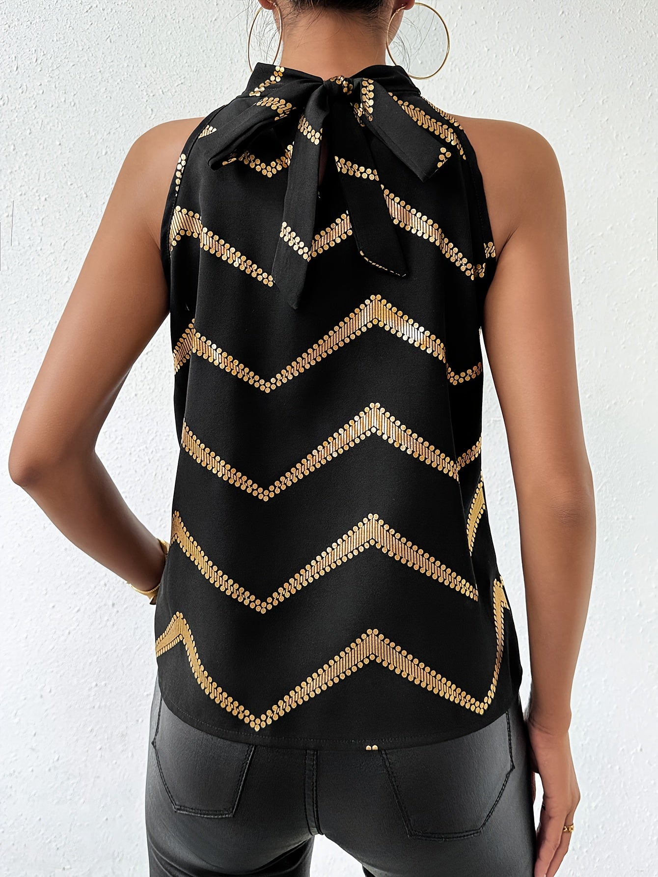 Graphic Print Tie Neck Blouse, Elegant Sleeveless Blouse For Spring & Summer, Women's Clothing