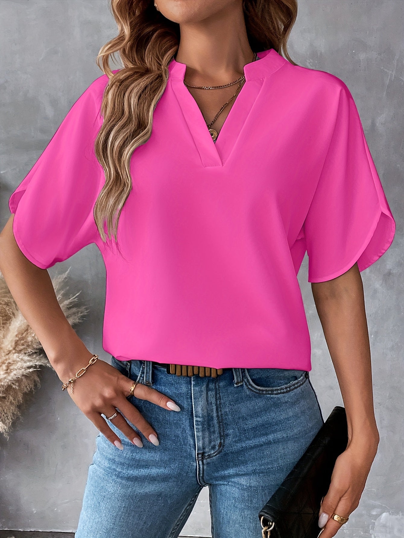 Solid Color Notch Neck Blouse, Casual Short Split Sleeve Blouse For Spring & Summer, Women's Clothing