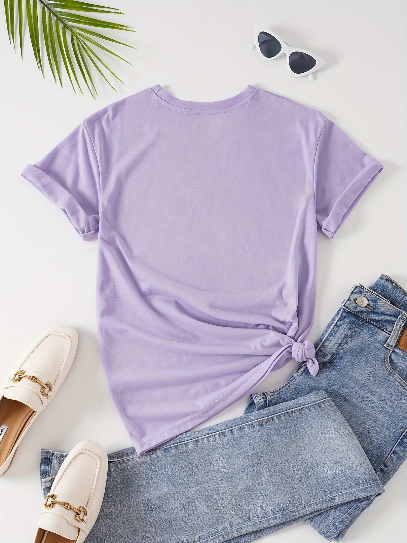 Women's Casual Butterfly & Daisy Floral Print Round Neck T-Shirt - Olive Green, Machine Washable, Regular Fit for Casual Attire, Allseason Fashion, Relaxed Style, Nontransparent Fabric