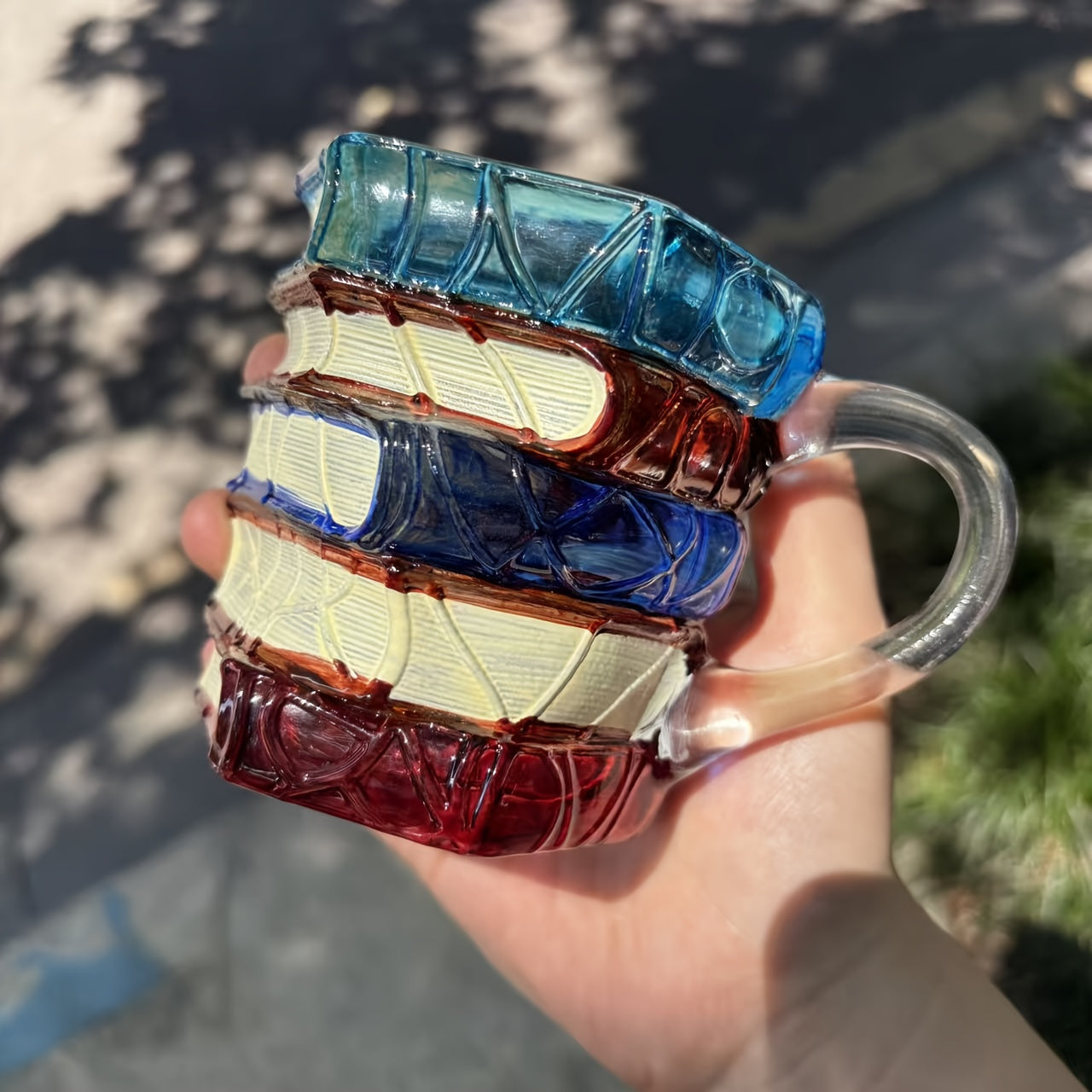 1pc Hand-Painted Book Stack Design Coffee Mug - 7/12oz Stackable Glass Cup with Vibrant Blue, Orange, Red & Yellow Stained Glass Art, Reusable Novelty Gift for Book Lovers, Librarians, Women'S Book Clubs & Literature Enthusia