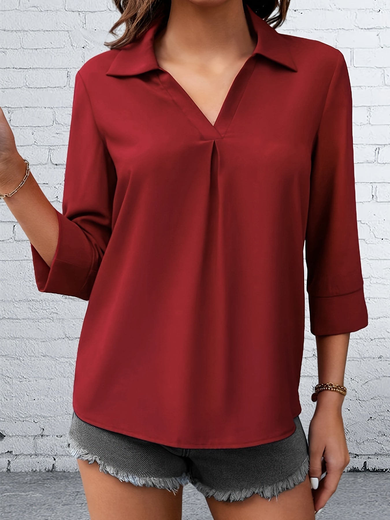 Solid V Neck Blouse, Elegant 3/4 Sleeve Blouse For Spring & Fall, Women's Clothing