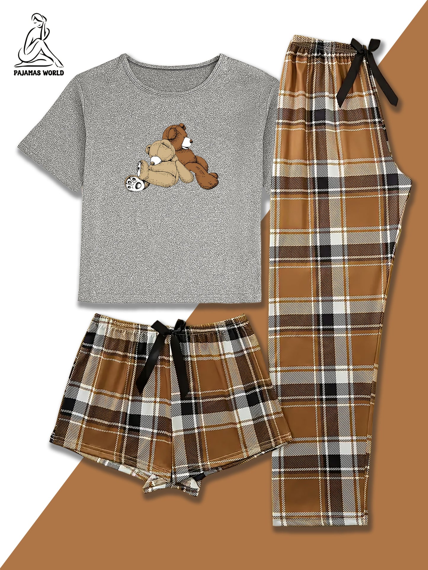 Women'S Casual Cartoon Bear & Plaid Pajama Set - Soft, Loose-Fit Short Sleeve Top with Elastic Waistband, Long Pants & Shorts, Cozy Fall/Winter Sleepwear