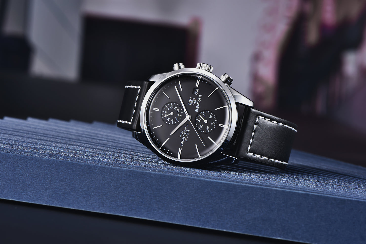 1pc New BENYAR Men's PU Leather Quartz Wristwatch, Men's 100M Multifunctional Watch Military Sports Chronograph Watch For Men