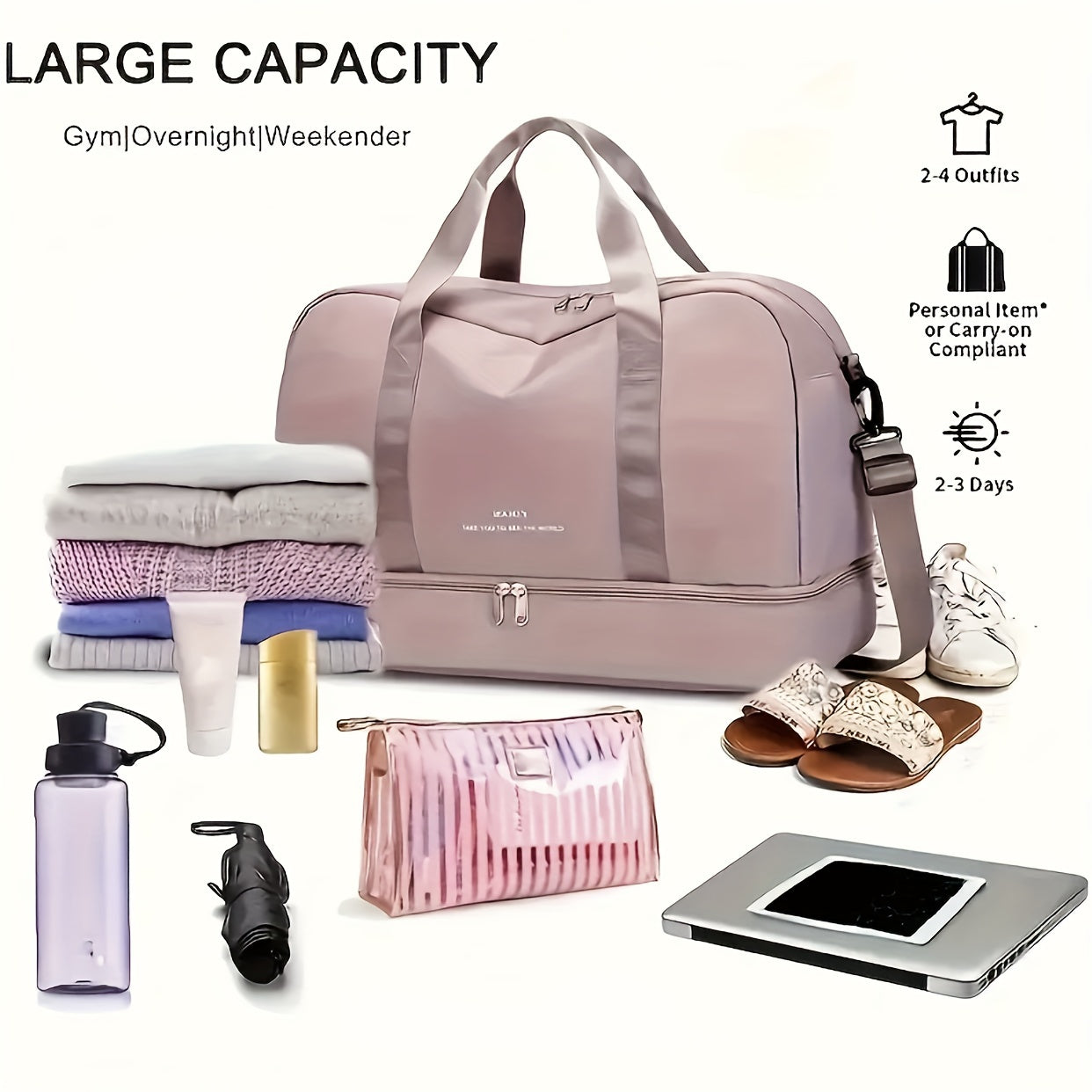 Large Capacity Expandable Gym & Travel Bag - Durable Nylon, Multi-Pocket Design with Zipper Closure, Ideal for Fitness, Overnight, and Weekend Trips, Gym Bag|Expandable Bag|Zippered Bag