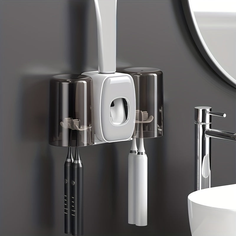 1pc Automatic Toothpaste Dispenser & Brush Holder, Toothbrush Holders With Automatic Toothpaste Squeezer Device For Bathrooms, Toothbrush Organizer With Cup, Wall Mounted Shower Room Decor Set