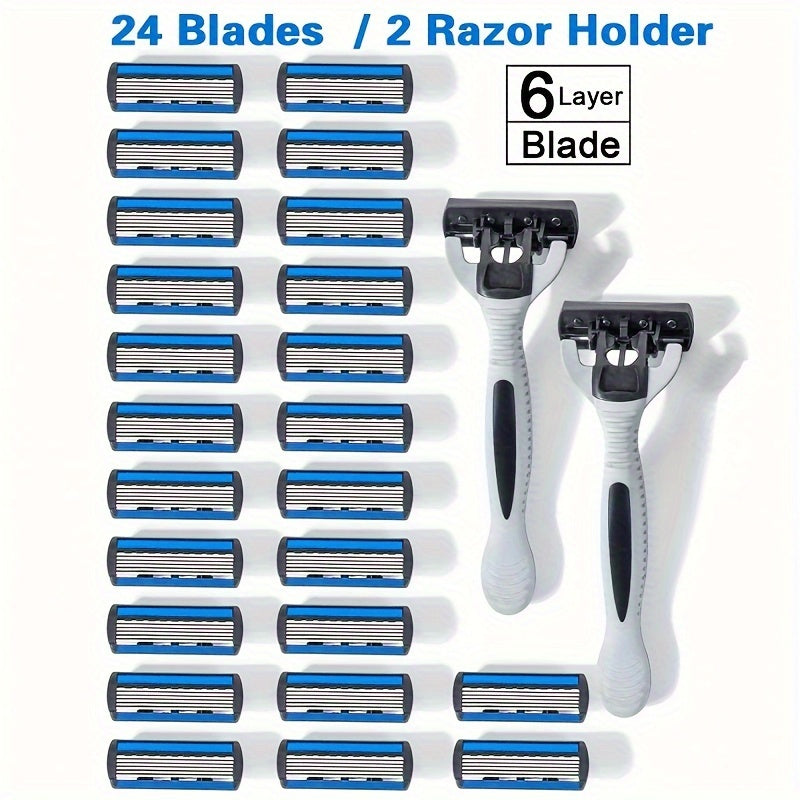 Men's Manual Shaver Set, 2 Handle + 24 Blades, Safety Razor 6-Layers Stainless Steel Hair Removal Shaving Blades Replaceable Shaver Heads, Shaving Tools