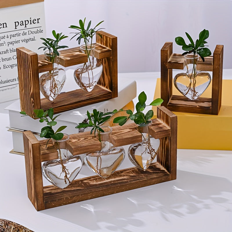 1 Pack, Hydroponic Plant Terrarium Love Heart Vase With Wooden Stand, Indoor Hydroponic Plant Propagation Station For Home Office Garden Decoration, Gift For Flower Pot Lovers