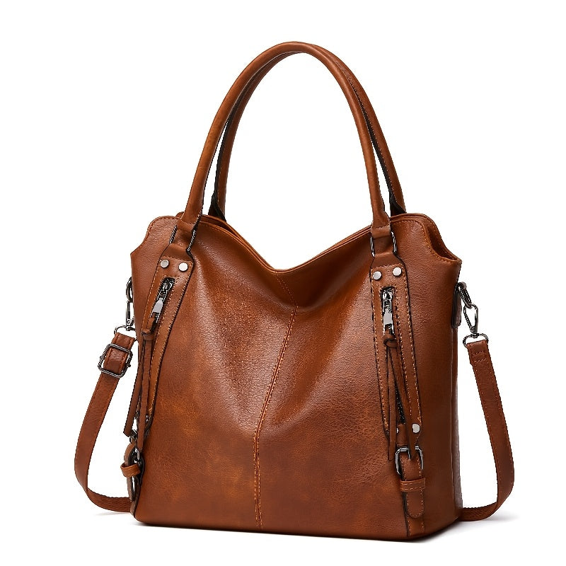 Women'S Large Capacity Tote Bag - Stylish Brown with Golden-Tone Hardware, Zipper Closure & Detachable Strap, Perfect for Work Or Everyday Use, Versatile Carryall | Elegant | Durable, Large Tote Bag