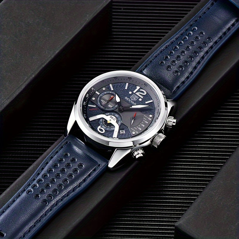 BENYAR Men's Luminous Quartz Watch - 42mm, Chronograph & Analog Display, Sporty Business Casual Design with Faux Leather Strap
