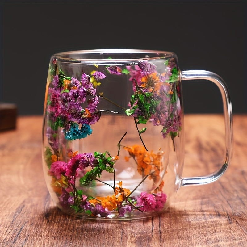 1pc, Flowers Inside Glass Coffee Mug, High Borosilicate Glass Double-Walled Espresso Coffee Cups, Heat Insulated Water Cups, Summer Winter Drinkware, Birthday Gifts
