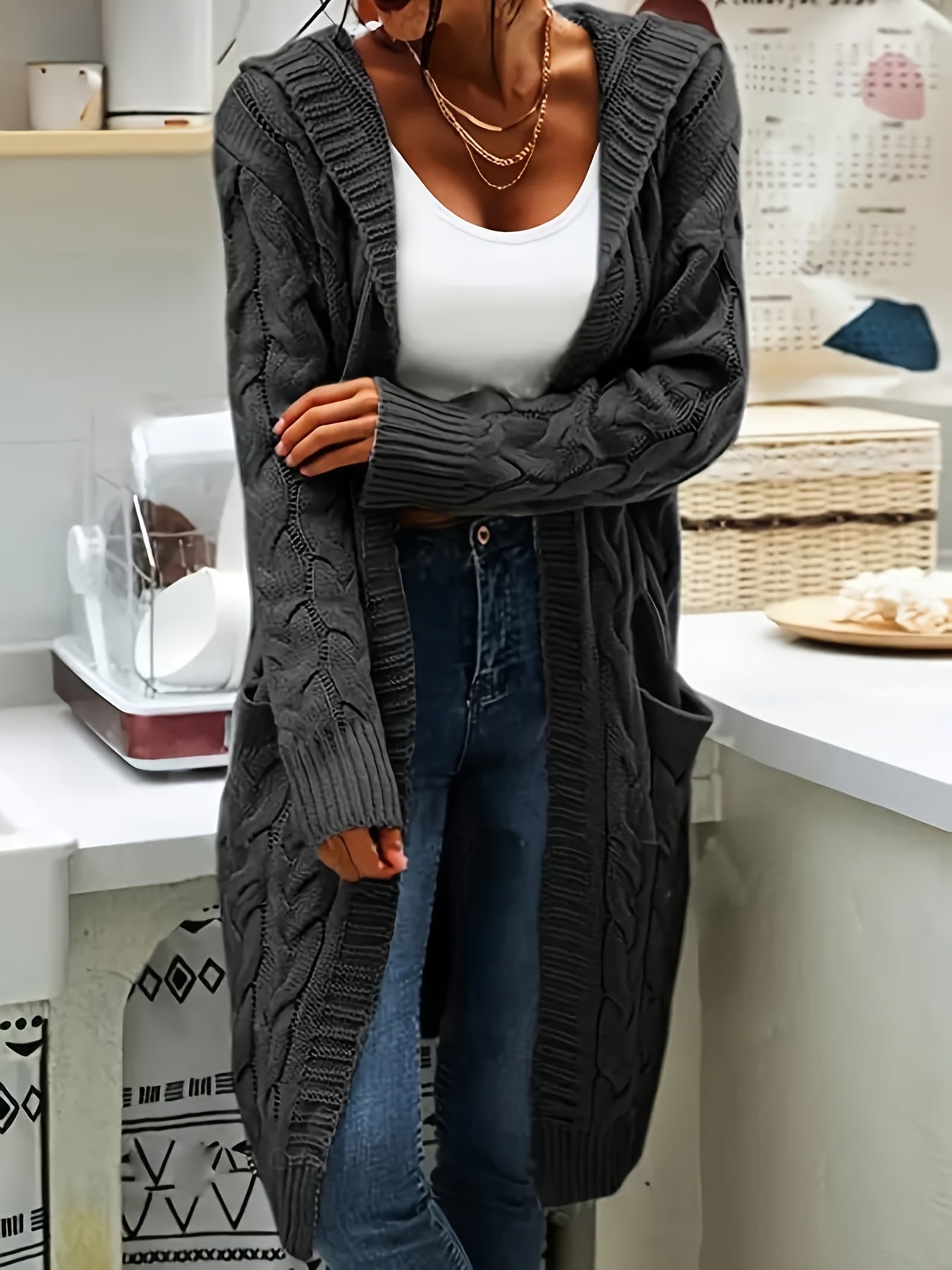 Women's Mid-Length Hooded Cardigan - Soft Stretchy Solid Color Long Sleeve Open Front Sweater with Pockets, Machine Washable Casual Elegance for Fall Winter, Everyday Comfort Wear, Stylish Hooded Design, Comfortable Fit