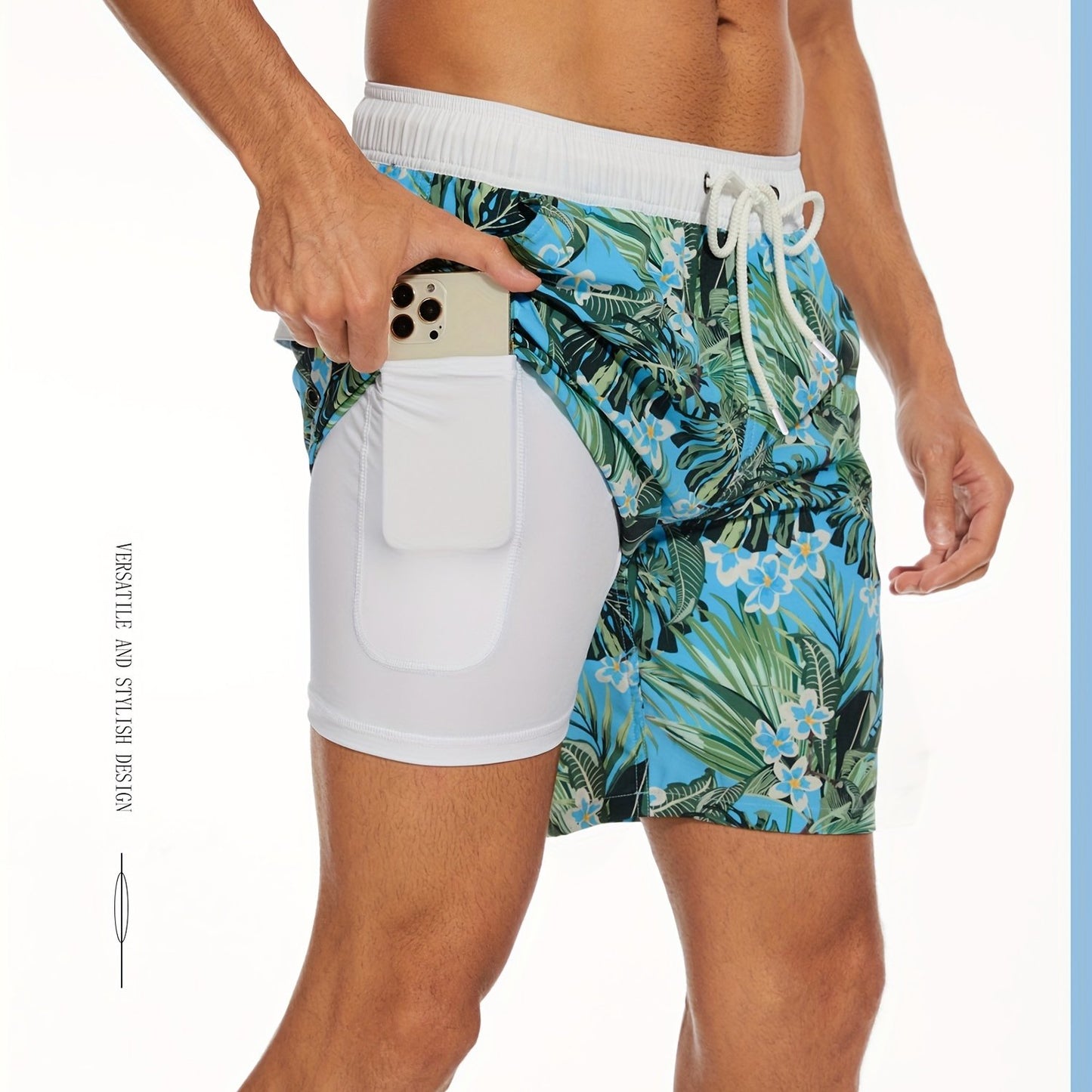 Men's Quick-Dry Beach Shorts with Tropical Palm Tree & Palm Leaf Print - Breathable Stretch Fabric for Summer, Outdoor, Hiking, Swimming - Machine Washable Casual Athletic Shorts, Outdoor Activewear, Summer Shorts