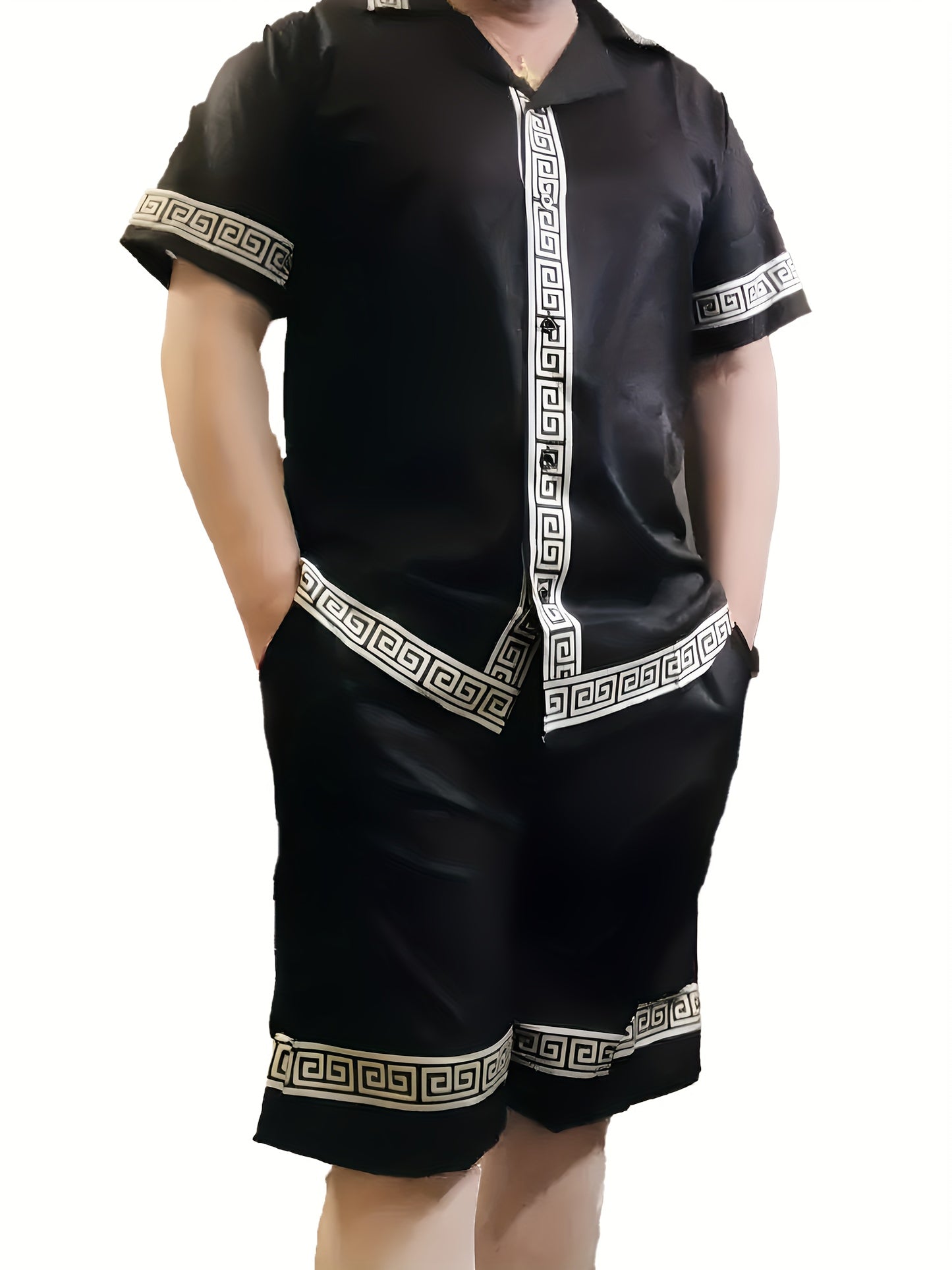 Elegant Men's 2Pcs Outfits, Casual Lapel Button Up Short Sleeve Shirts Hawaiian Shirt And Drawstring Shorts Set For Summer, Men's Clothing