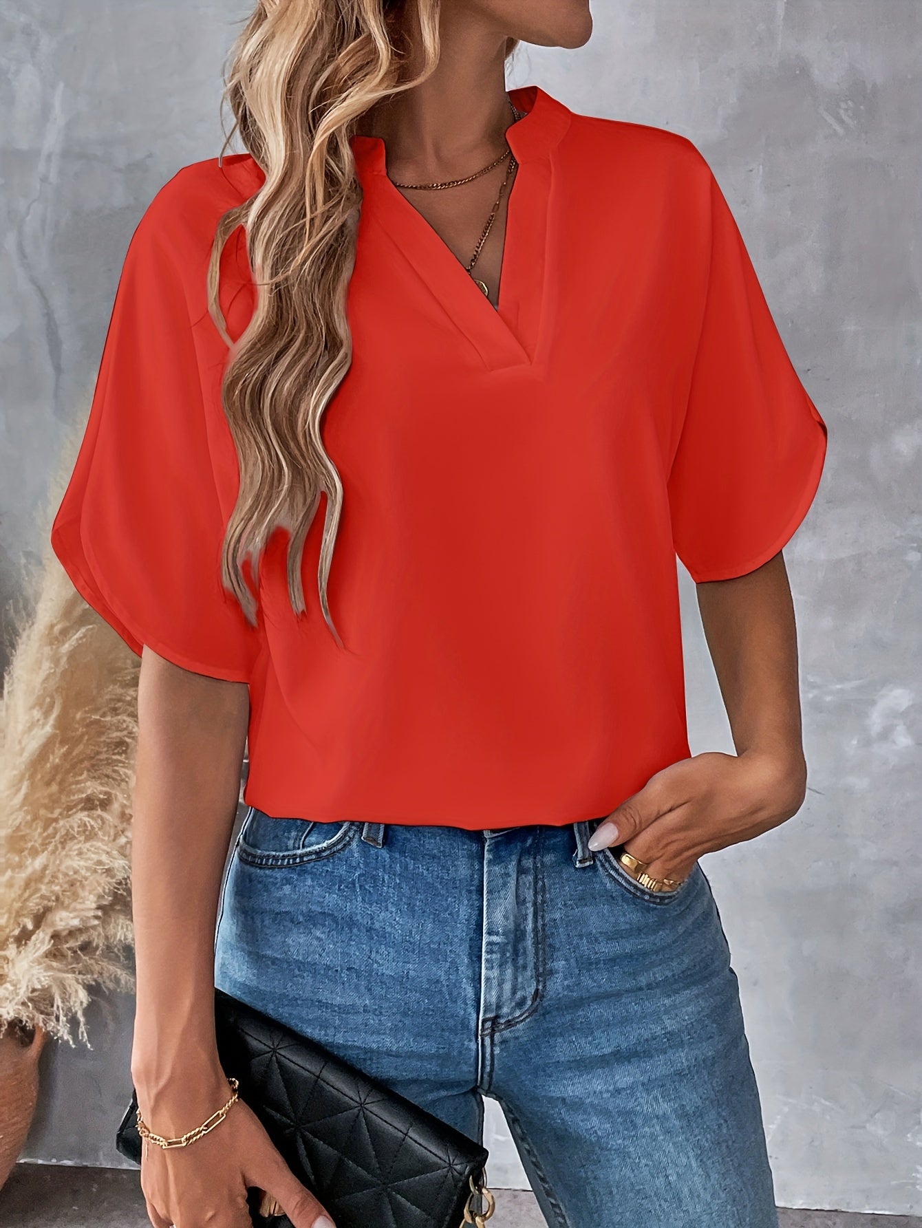 Solid Color Notch Neck Blouse, Casual Short Split Sleeve Blouse For Spring & Summer, Women's Clothing
