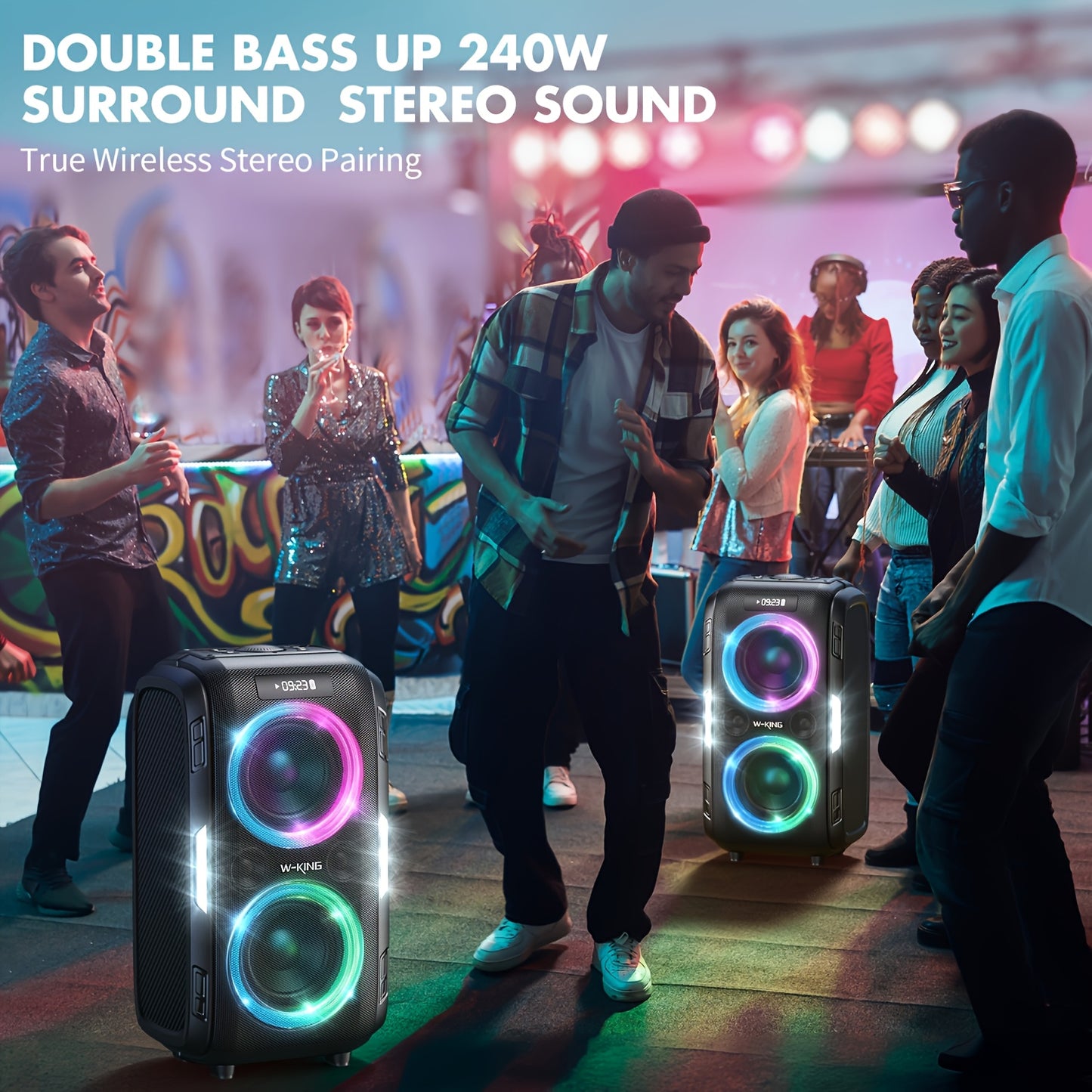 Powerful W-KING 200W peak wireless speaker with massive 120dB soundstage and DSP chip, 12-level bass adjustment, Big Party Boombox portable speaker with super deep bass, dynamic light show, 6.35mm microphone input, TF card sl
