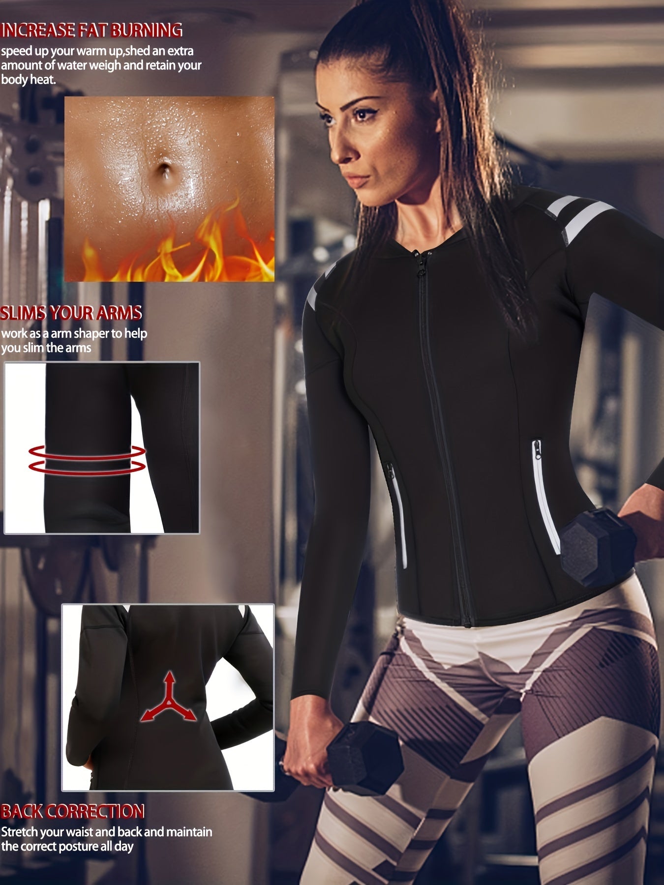 Long Sleeve Full Zipper Sweat Sauna Suit, Waist Training Weight Loss Slimming Fitness Workout Sports Jacket, Women's Clothing