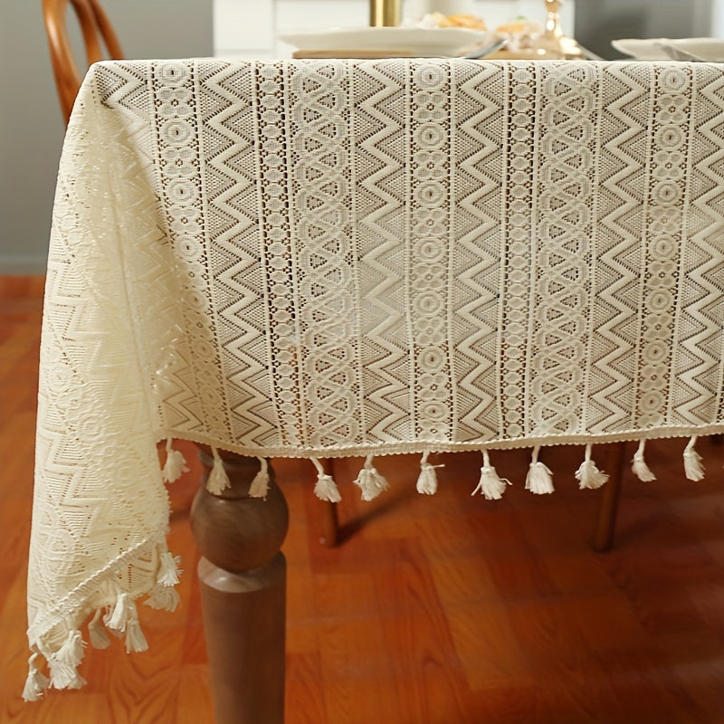 1pc Beige Crochet Hollow Tablecloth, Boho Household Stain Resistant Waterproof Oil-proof, Washable Table Cover, Suitable For Picnics, Camping, Weddings, Birthday Parties, Restaurants, And Buffets, Tabletop Protection, Home Ki