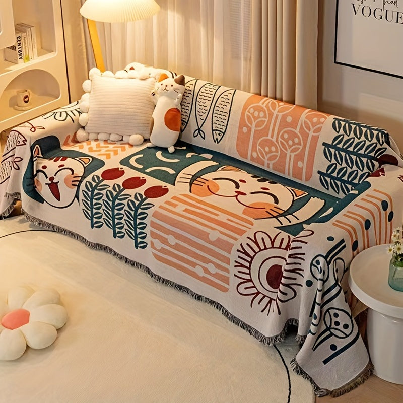1pc Scandinavian Style All-Season Sofa Covers Cotton Blend Sofa Throw Covers Universal Featuring Botanical, Non-slip Sofa Cushion, And Majestic Cat Patterns Sofa Cover, Outdoor Picnic Mat, Outdoor Blanket, Tapestry, Tableclot
