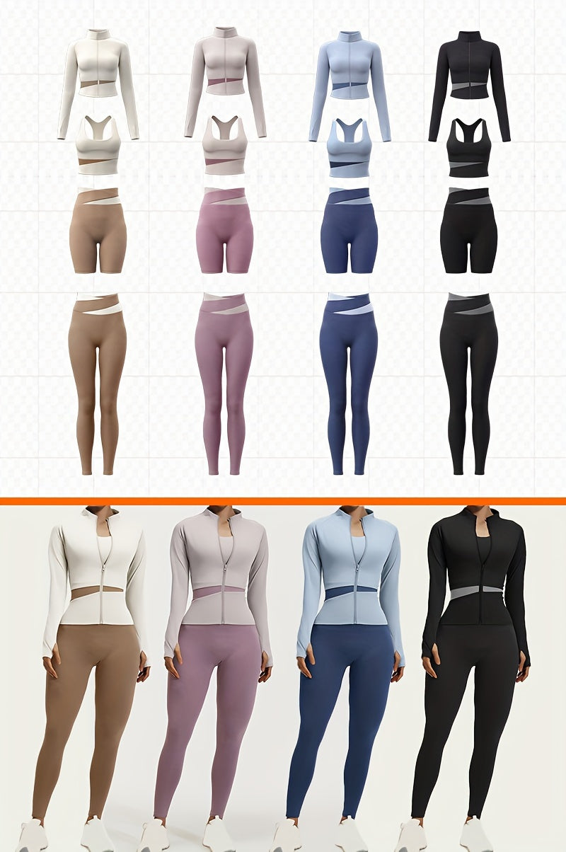 4pcs Women'S Yoga Wear Workout Set with Zipper Jacket Fitness Yoga Leggings Sports Bra Euro Size for Running Fitness And Yoga