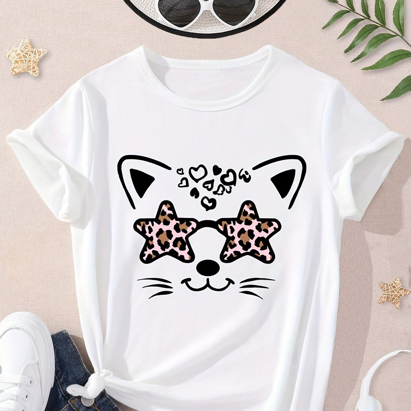 Girls Funny Kitty Print Short Sleeve T-shirt Summer Clothes Gift