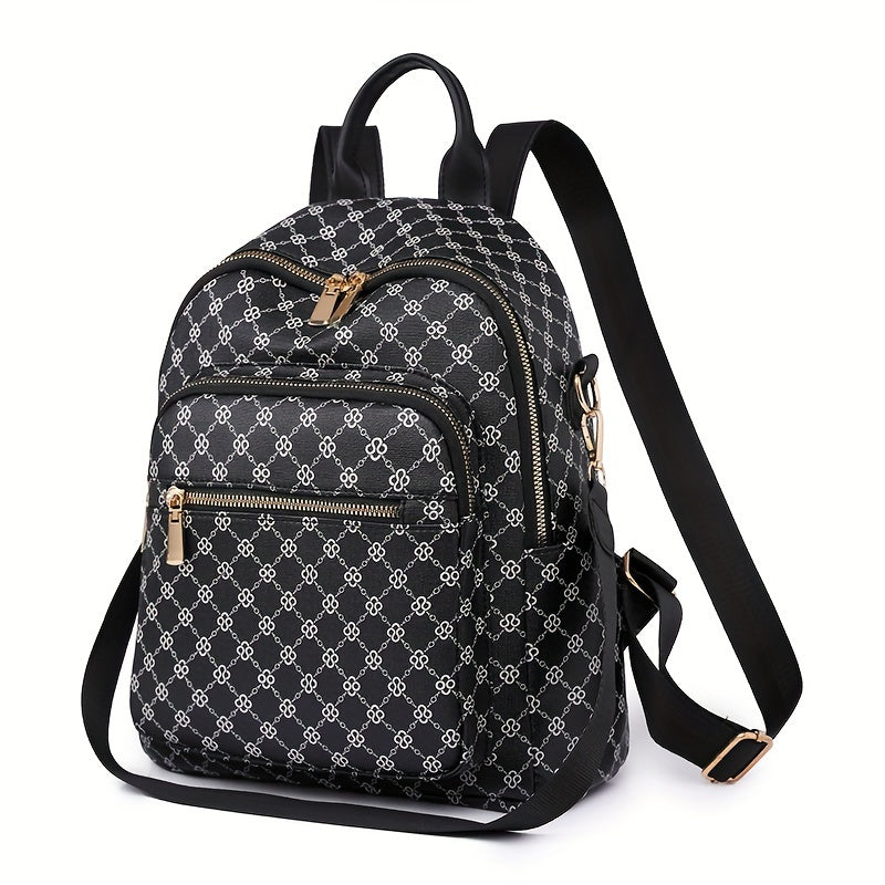 Women's Clover Backpack - Large Capacity, Adjustable Straps,, Zip Closure, Geometric Pattern, Beige//Black, Casual College Style, Perfect for Students and Travel, Backpack for School