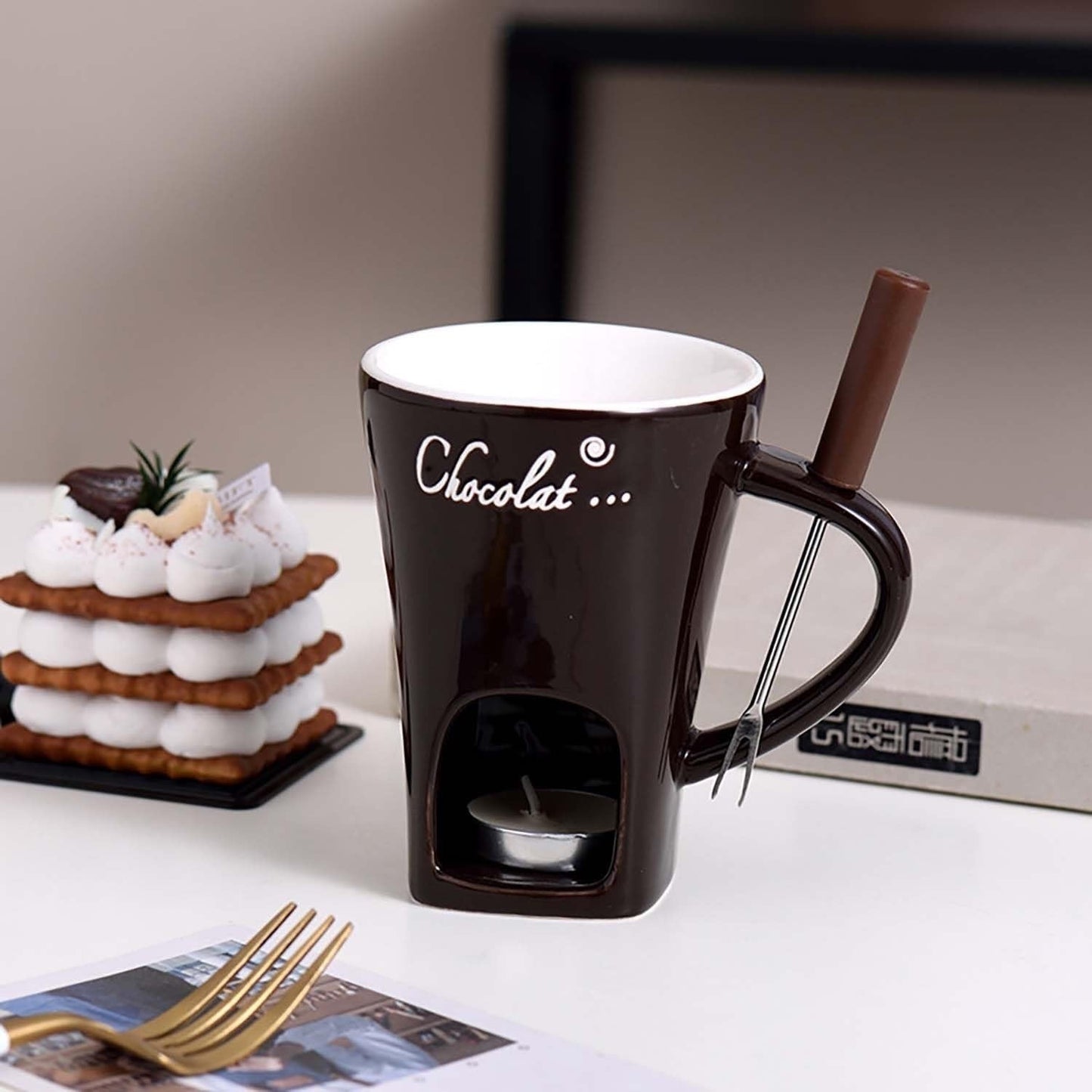 TFS Chocolate Fondue Mug - Ceramic, Reusable, Hand-Wash Only, Multipurpose Hot Chocolate & Fondue Pot with Whisk, Ideal for Cheese, Caramel, Butter, Hot Chocolate Making | Whisked Drinkware | Durable Drinkware