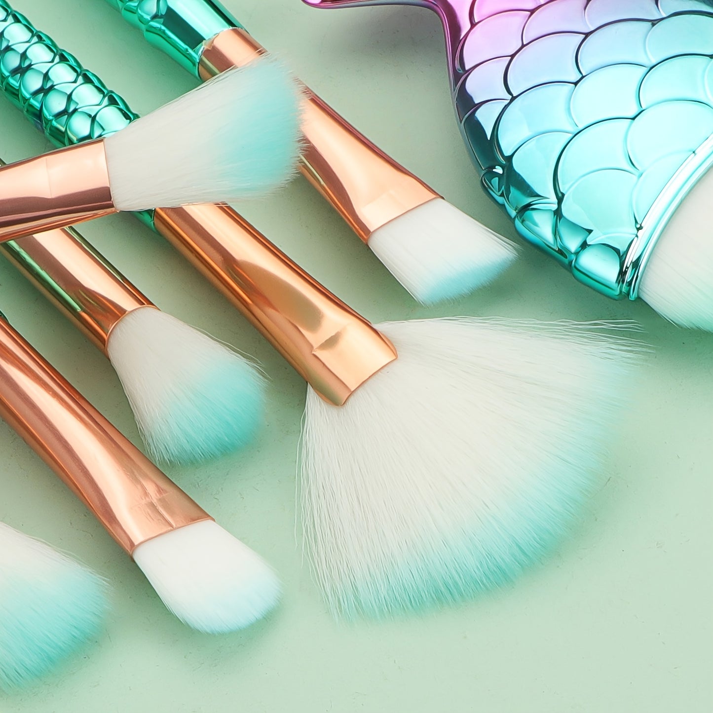 11pcs Mermaid Makeup Brush Set - Fish Tail Design, Nylon Bristles for All Skin Types, Fragrance-Free Beauty Tools