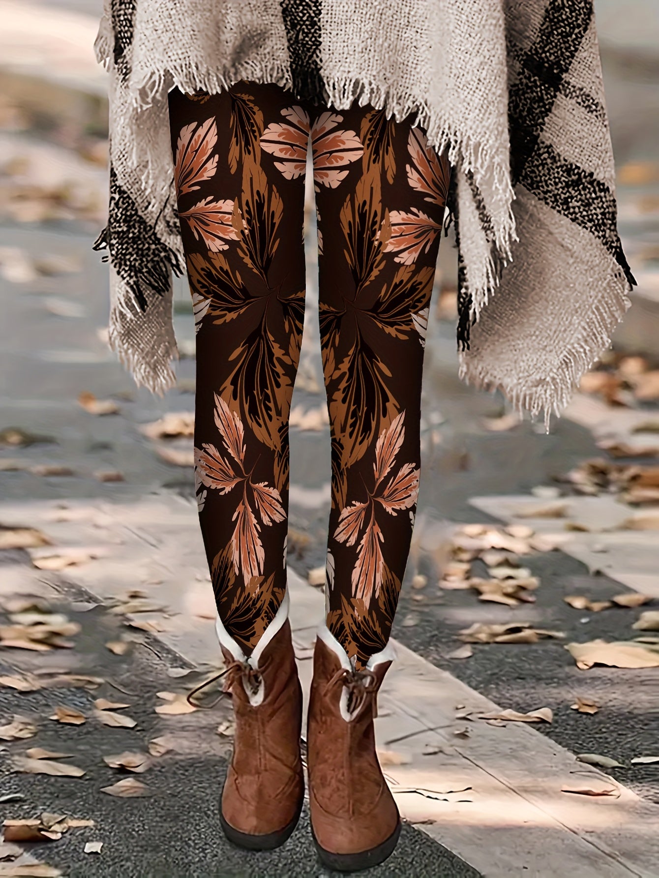 Women's High-Waisted Pants - Non-Slip Elastic Waist Leggings, Brown/Black Tropical Leaf Print, Medium-Stretch Non-See-Through Fabric for,, Casual & Formal Outfits - All-Season Trousers, Leggings, Formal Attire Leggings, Durab