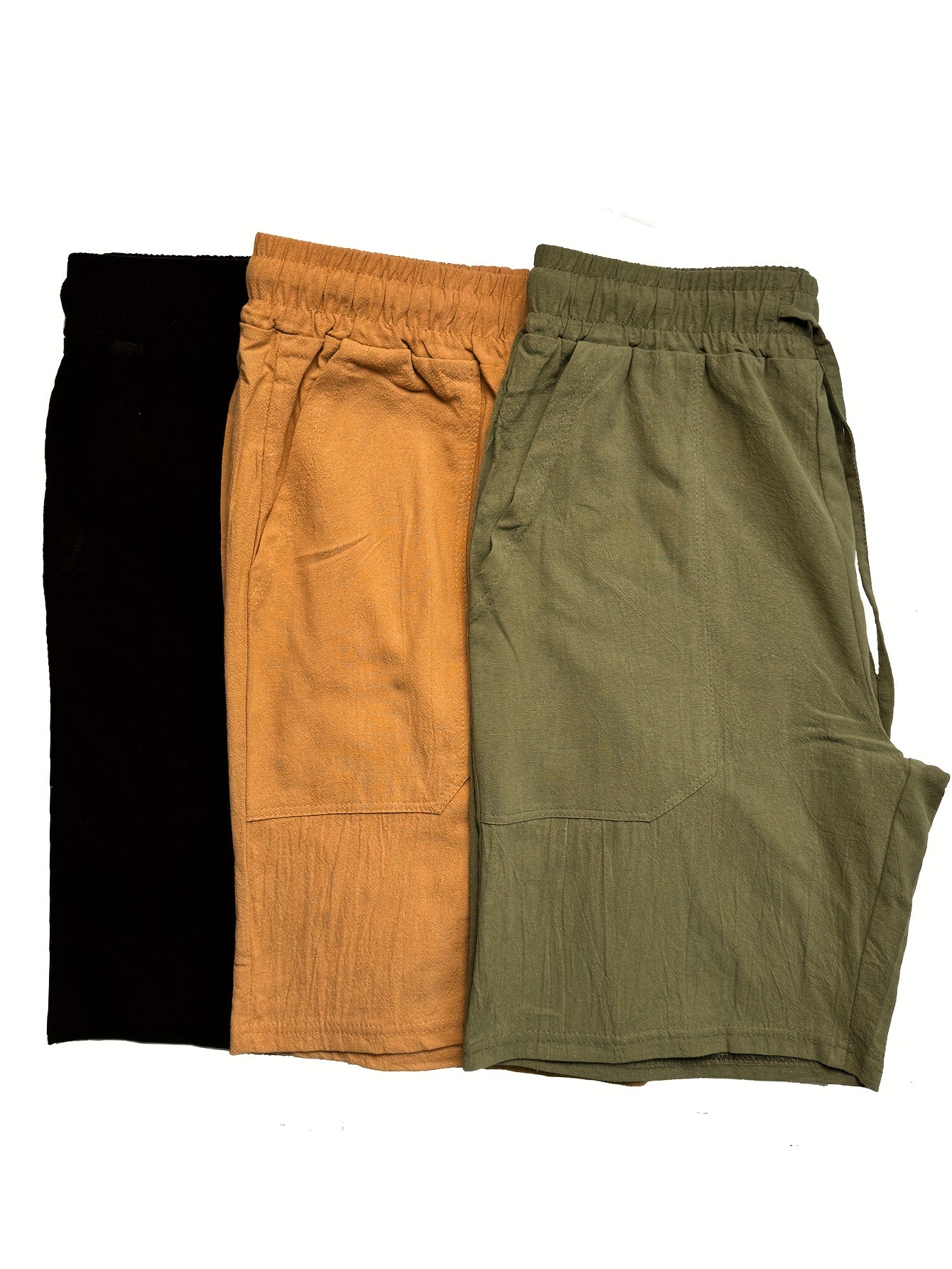 Men's Summer Shorts, Drawstring Elastic Waist, Straight Leg Solid Color Breathable Casual Beach Capri Pants - Three-Pack