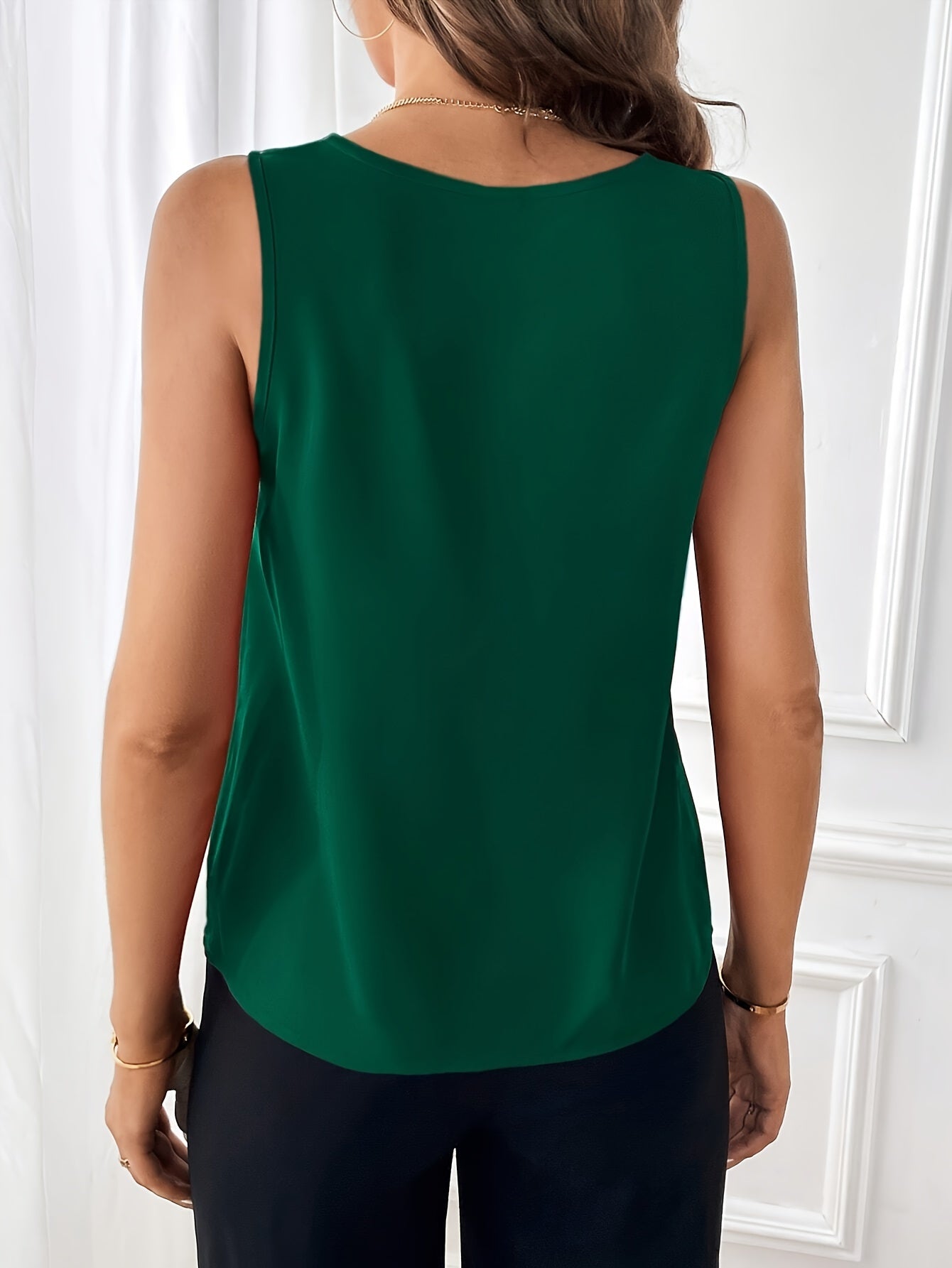 Solid Color V Neck Blouse, Casual Sleeveless Button Detail Tuck Top For Spring & Summer, Women's Clothing