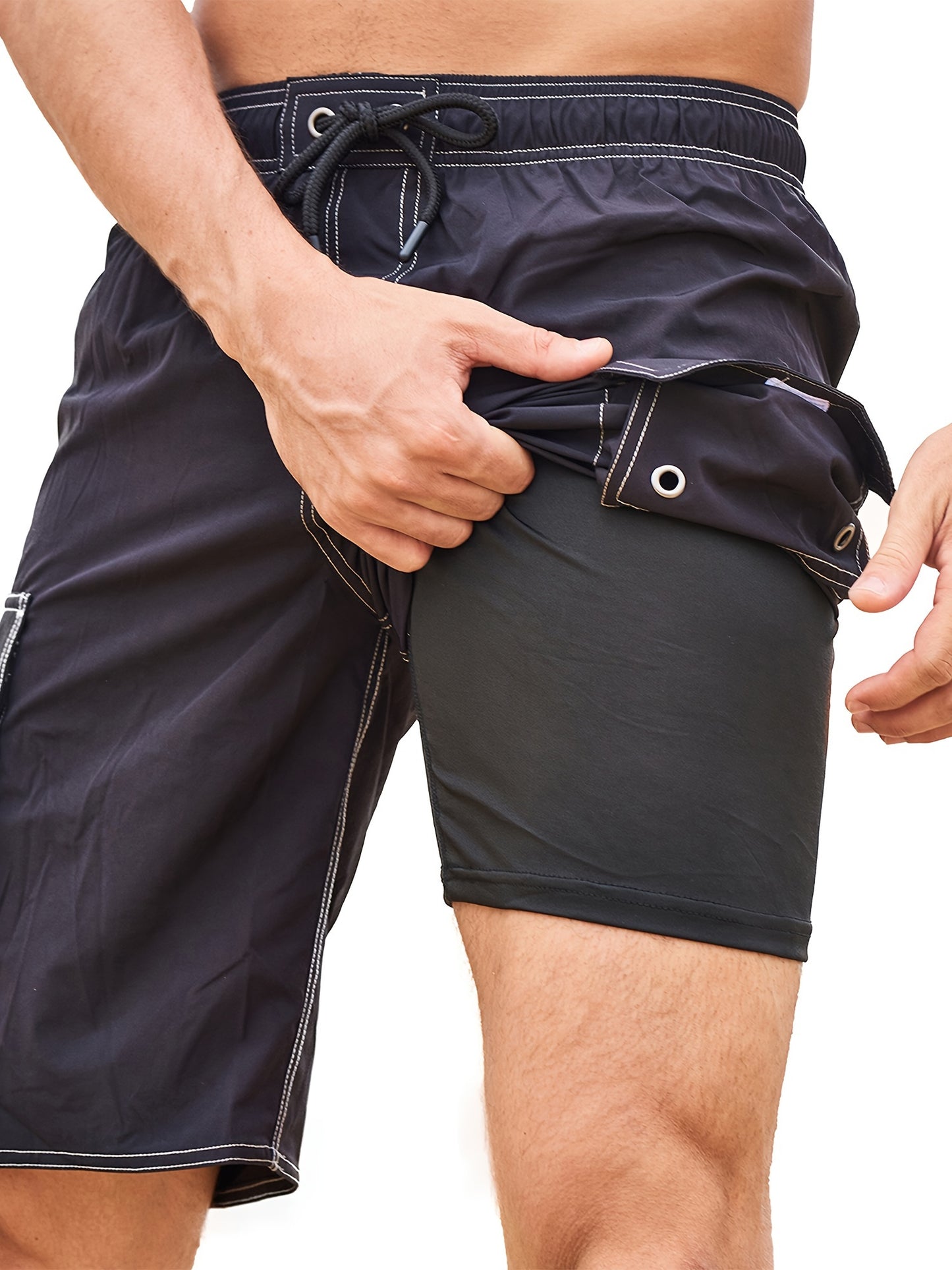 Men's Quick-Dry Swim Shorts with Adjustable Drawstring Waist & Pockets - Sporty Solid Black Beach Shorts for Swimming, Surfing, Water Sports - Machine Washable Regular Fit, Swimming Gear | Sleek Construction