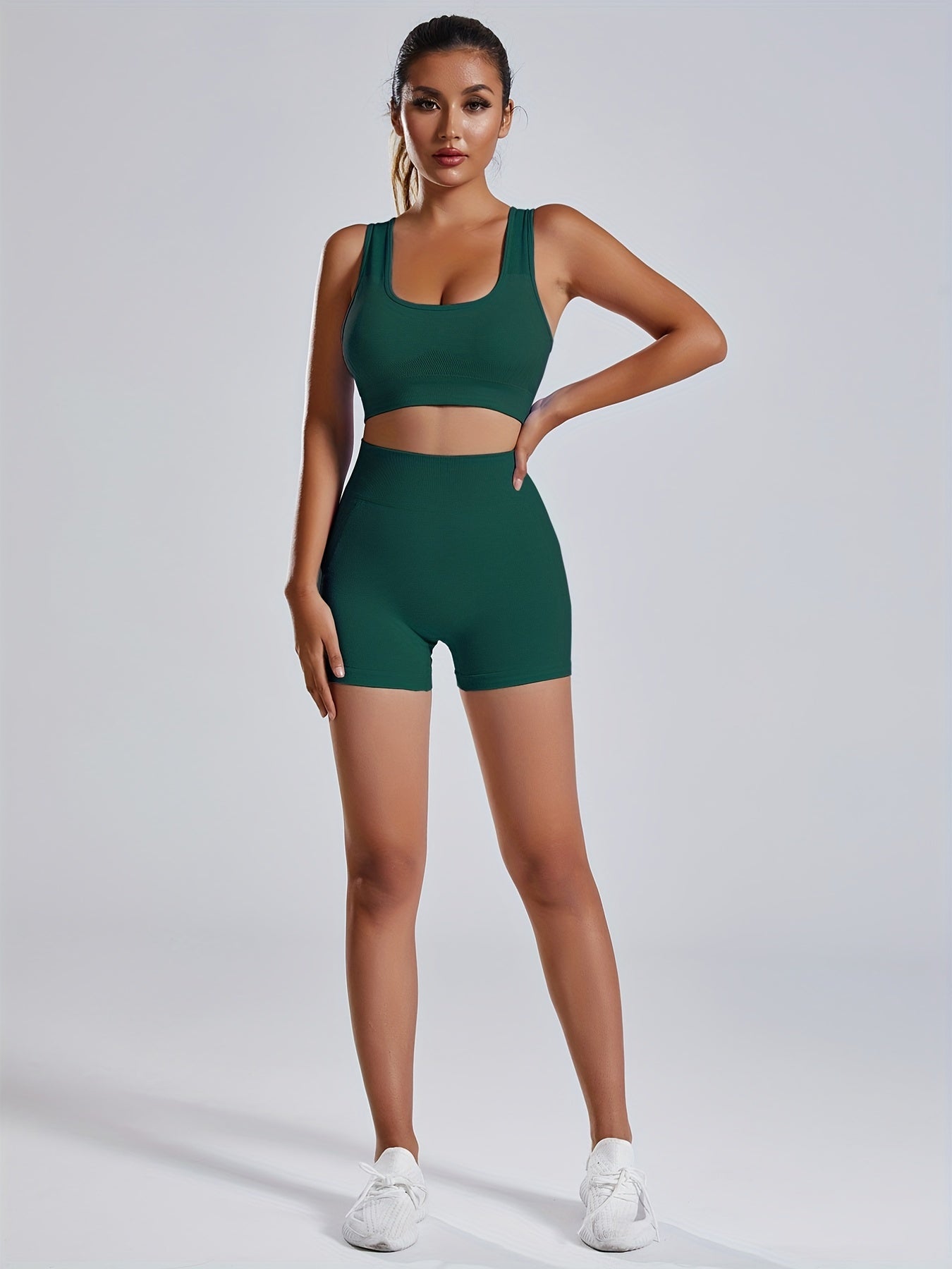 Women'S Seamless Sports Yoga Set, Summer New High Stretch Knit Fabric, Solid Color Polyamide 90% Elastane 10%, Short Length Fitness Gym Wear with Backless Bra and Butt Lifting Yoga Pants