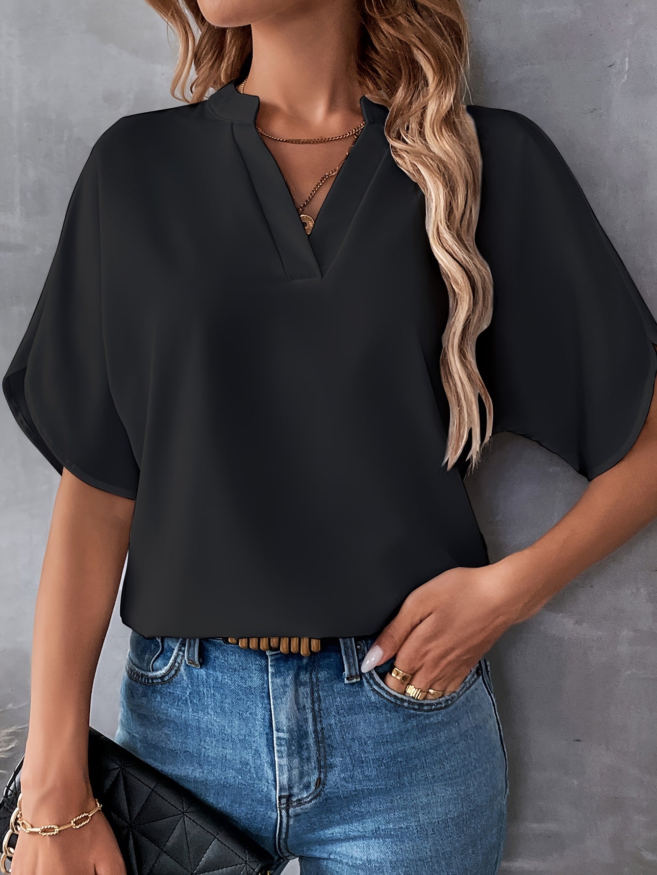 Solid Color Notch Neck Blouse, Casual Short Split Sleeve Blouse For Spring & Summer, Women's Clothing