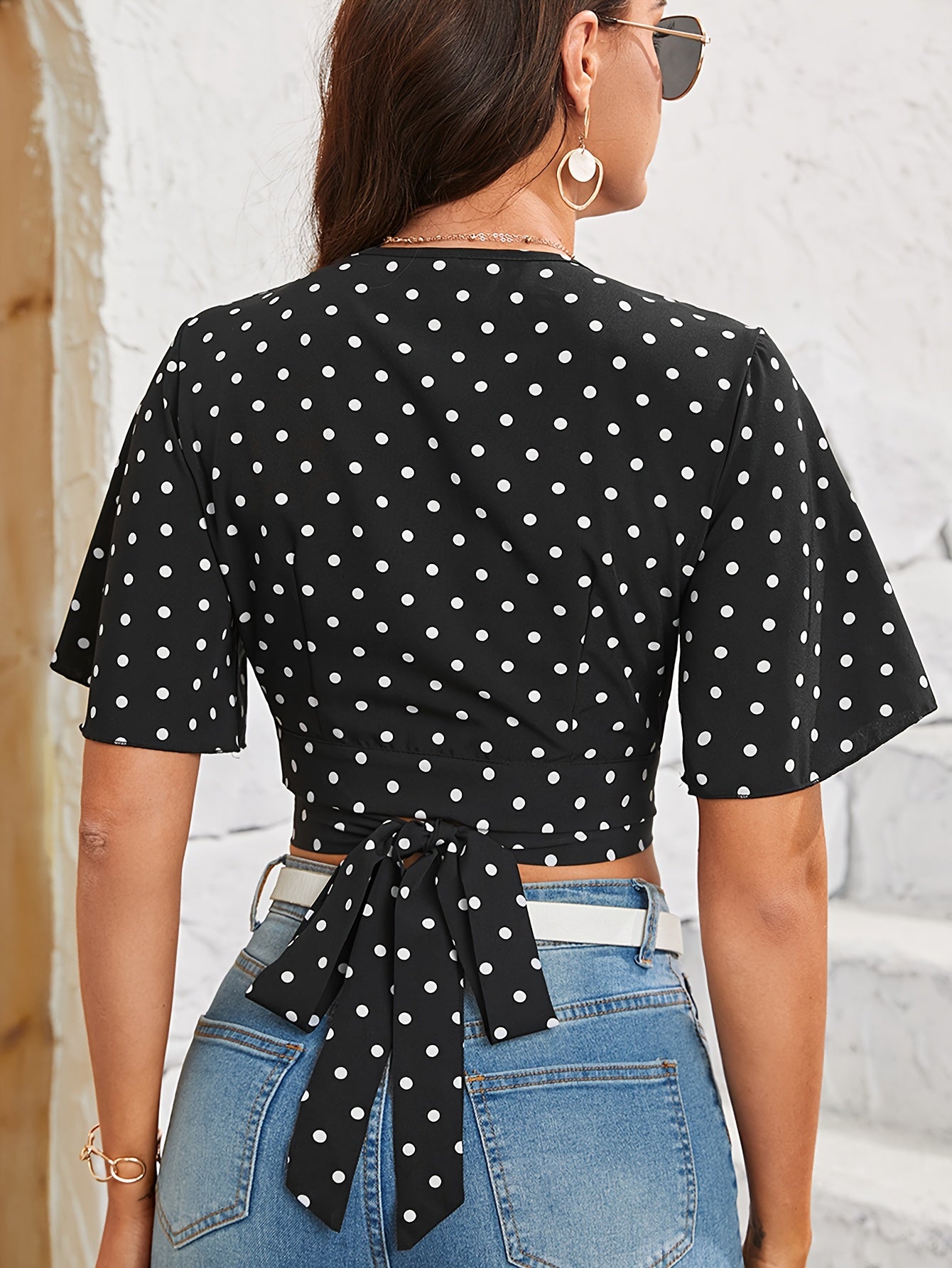 Polka Dot Print Surplice Neck Blouse, Elegant Ruffle Sleeve Crop Top For Spring & Summer, Women's Clothing