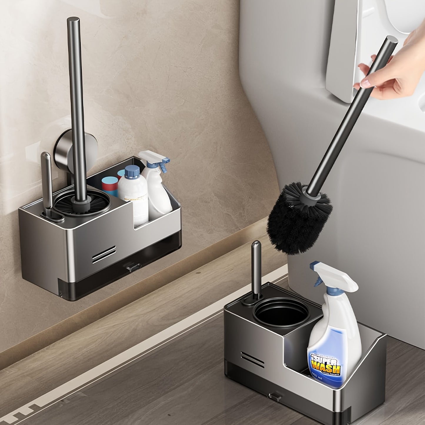 Vacuum Suction Cup Toilet Brush Wall-Mounted Set, 1 Style with 2 Options, Splashproof Base and Angled Head for Hard-to-Reach Areas - No Drilling Required Bathroom Storage Solution Universal Fit on Tiles & Glass