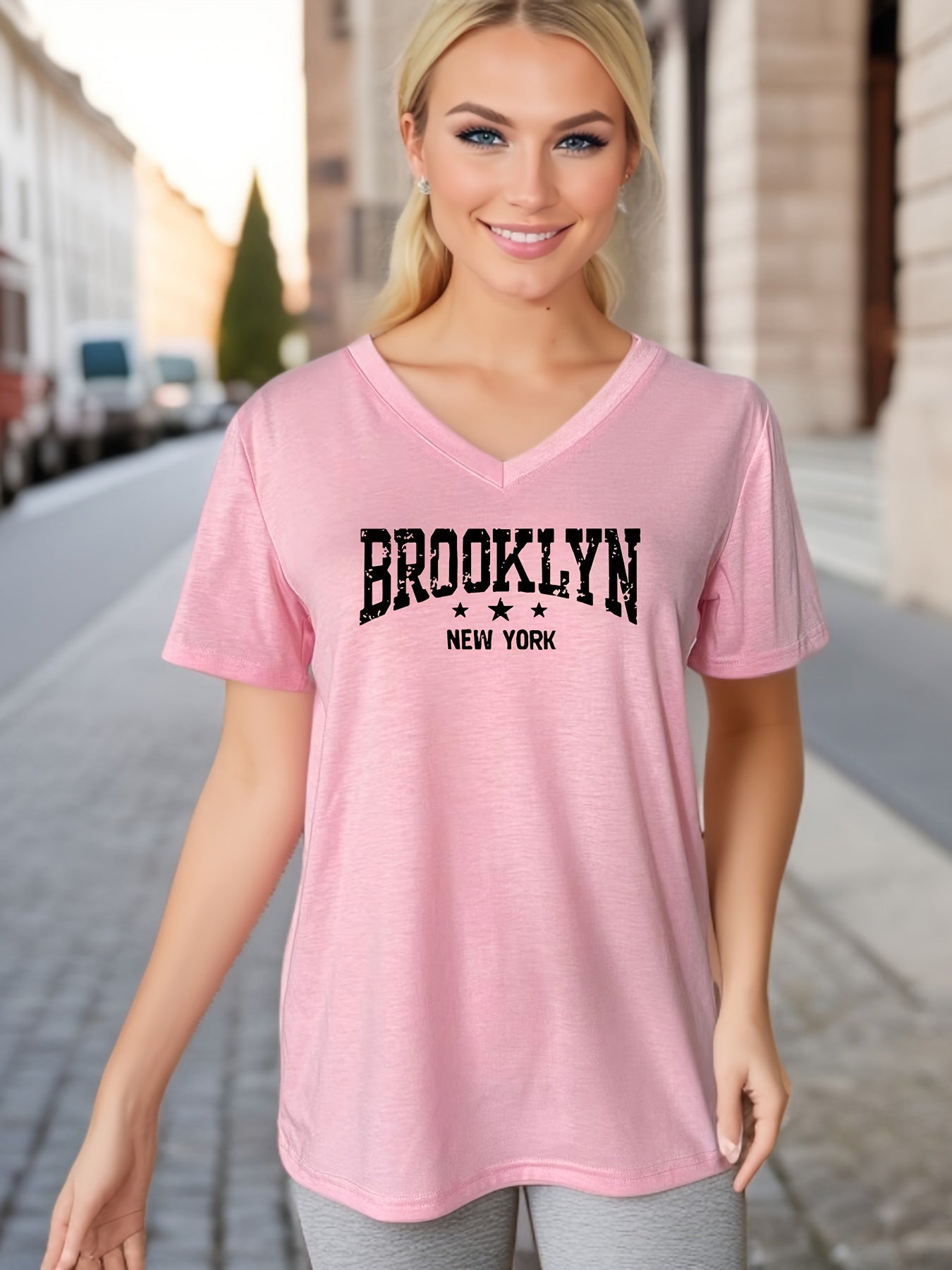 Women's Casual V-Neck T-Shirt with Brooklyn New York Letter Print - Vibrant Pink & Black Graphic, Short Sleeve Regular Fit, Machine Washable for Spring Summer Fall, Ladies T Shirts, Casual Attire, Durable Fabric