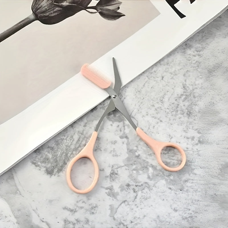 1pc Pink Eyebrow Trimmer with Built-in Comb, Stainless Steel Precision Grooming Tool, Perfect for Beginners, Plastic & Metal, Ergonomic Handle, Fragrance-Free