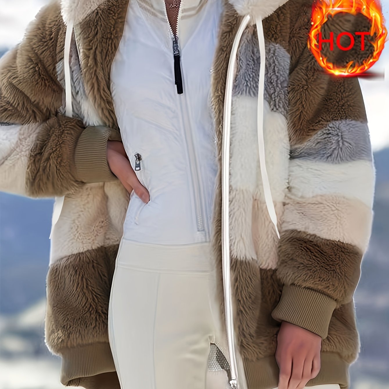 Women's Plush Faux Fur Hooded Jacket - Loose Fit Color Block Coat with Blue/Beige/White/Black Design, Long Sleeve Winter Warmth, Machine Washable for Casual & Formal Outfits, Ladies Winter Coats, Autumn Layering Piece, Formal