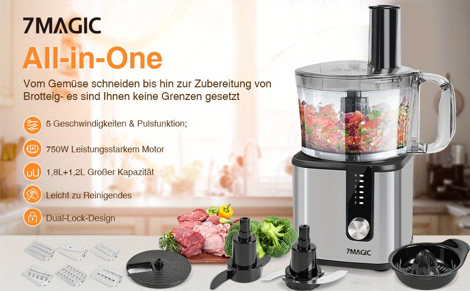 11 in 1 Food Processor Stainless Steel StandMixer 750W Dough Machine 1.8L+1.2L Mixer 5 Levels Mixer, With Chopping Blending Kneading Grinding Whisking Juicing